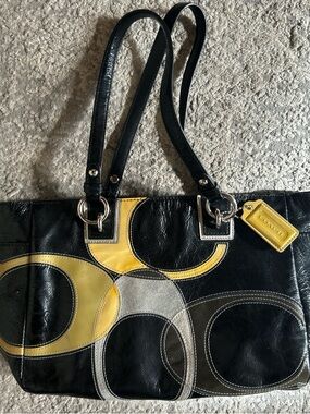 Coach Black Leather Shoulder Bag with Yellow & Gray Patchwork
